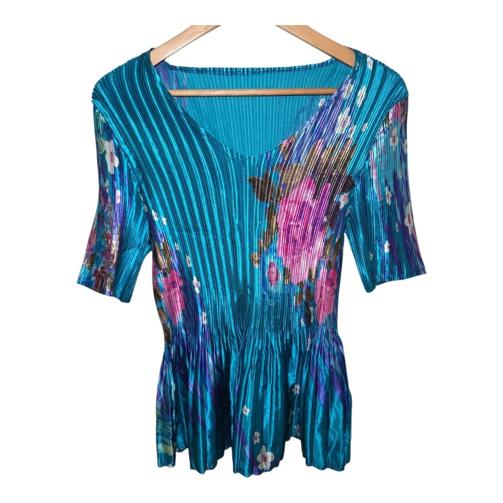 Womens S‎ Metallic Crinkle Top Blue Purple Floral Stretch Peplum Fairycore Y2K